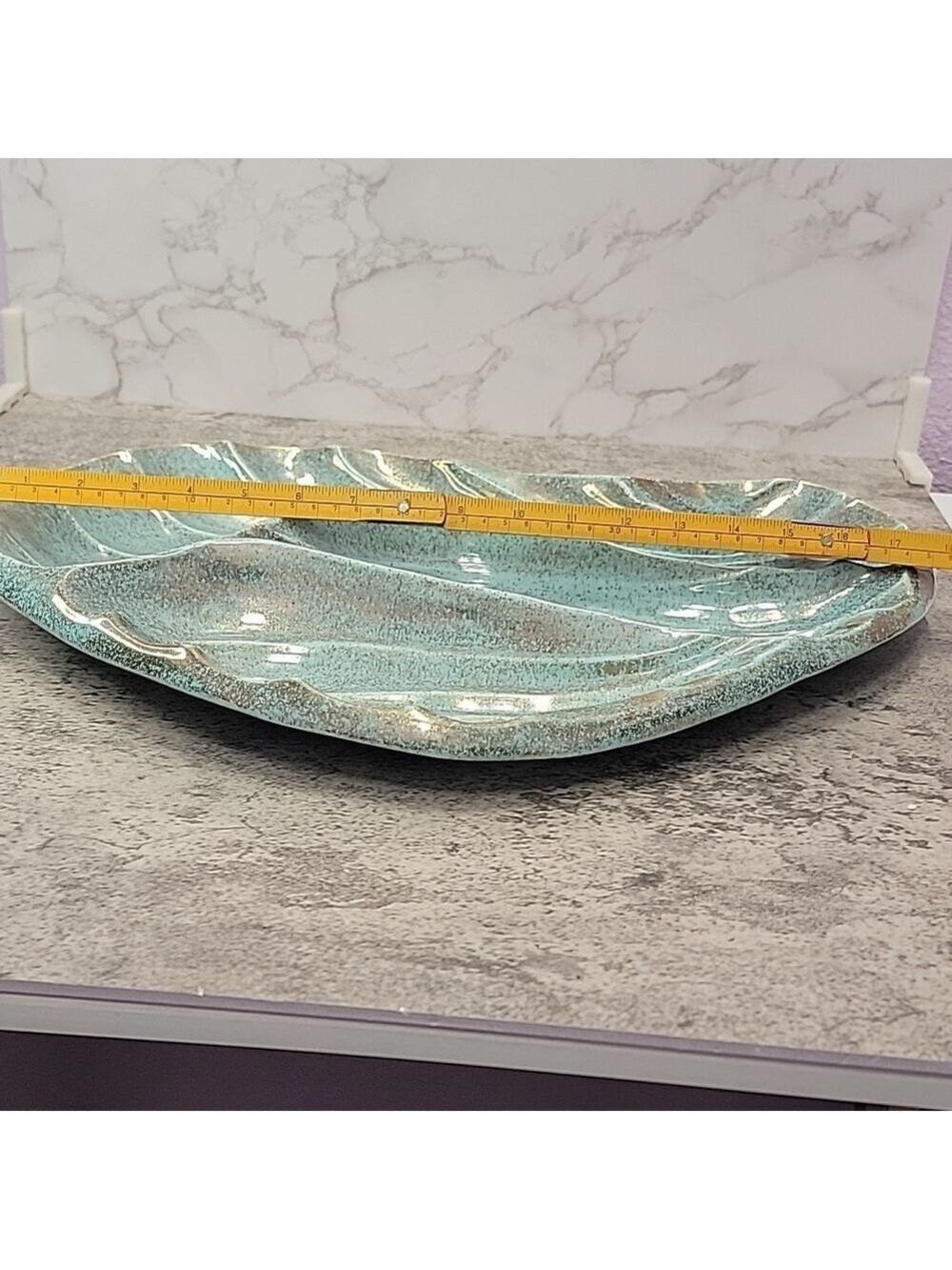 Mid Century Modern California Pottery Turquoise & Gold Leaf Divided Relish Tray - Picture 10 of 11